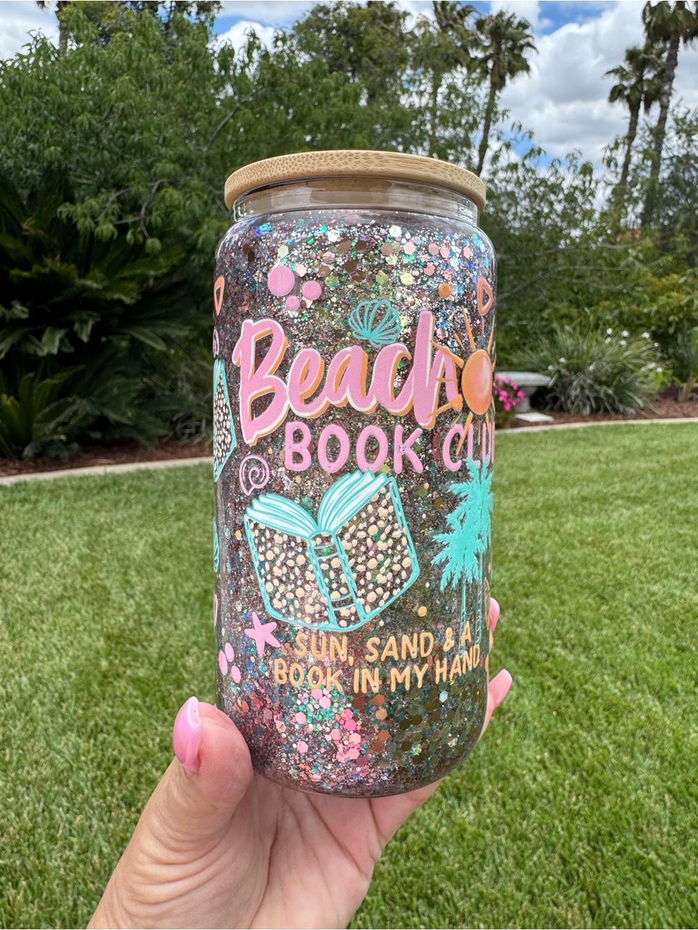 Beach book club sun sand and a book in my hand snow globe tumbler 16oz